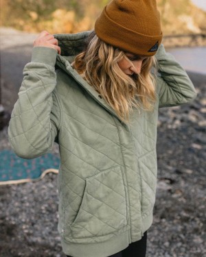 Women's Passenger Clementine Recycled Quilted Popper Up Hoodie green | US-UHSJXL264