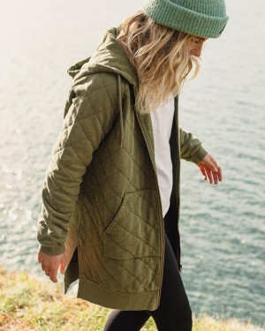 Women's Passenger Getaway Recycled Cotton Quilted Full Zip Hoodie Khaki | US-ANBZSP874