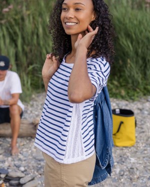 Women's Passenger Magnolia Recycled Cotton Crochet Trim T-Shirt Navy Stripe | US-SXPGWN034