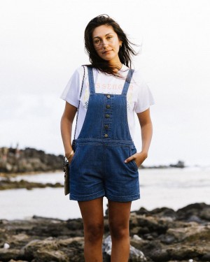 Women's Passenger Riverside Denim Short Dungarees Washed Denim | US-VOZHLF695