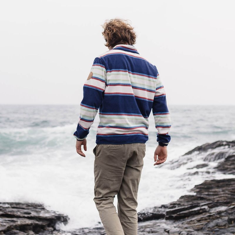 Men's Passenger Canyon Recycled Polar Pullover Fleece Navy Mix Up Stripe | US-QXMPLI391