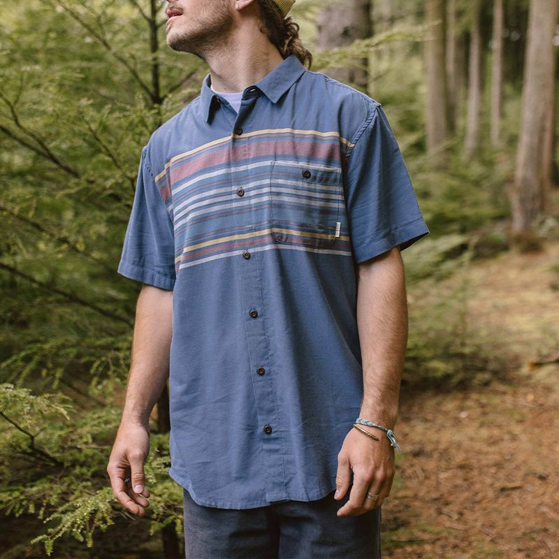 Men's Passenger Ebb Organic Cotton Short Sleeve Shirts Ensign Blue Stripe | US-MJFNLV741