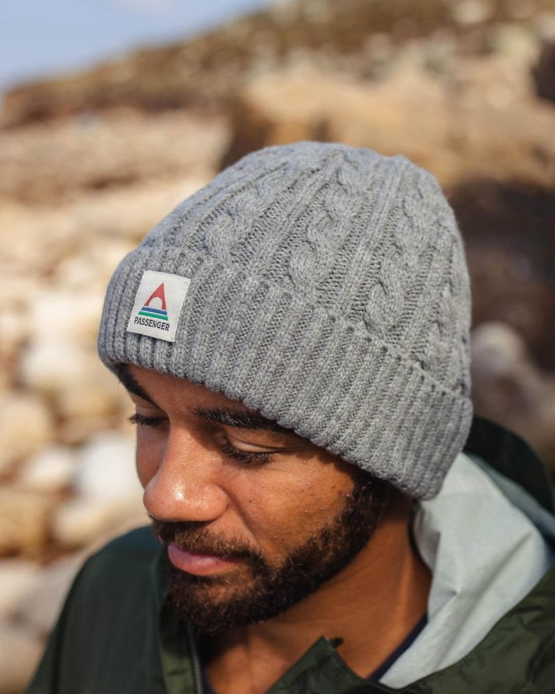 Men's Passenger Fireside Recycled Cable Knit Beanie Grey Marl | US-XYKFCV971