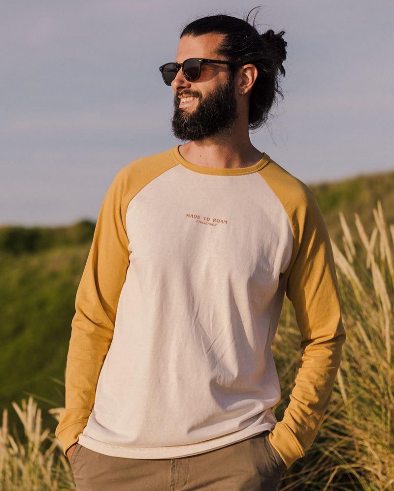 Men's Passenger Sundown Recycled Cotton LS T-Shirt Mustard Gold | US-GAUWLB056