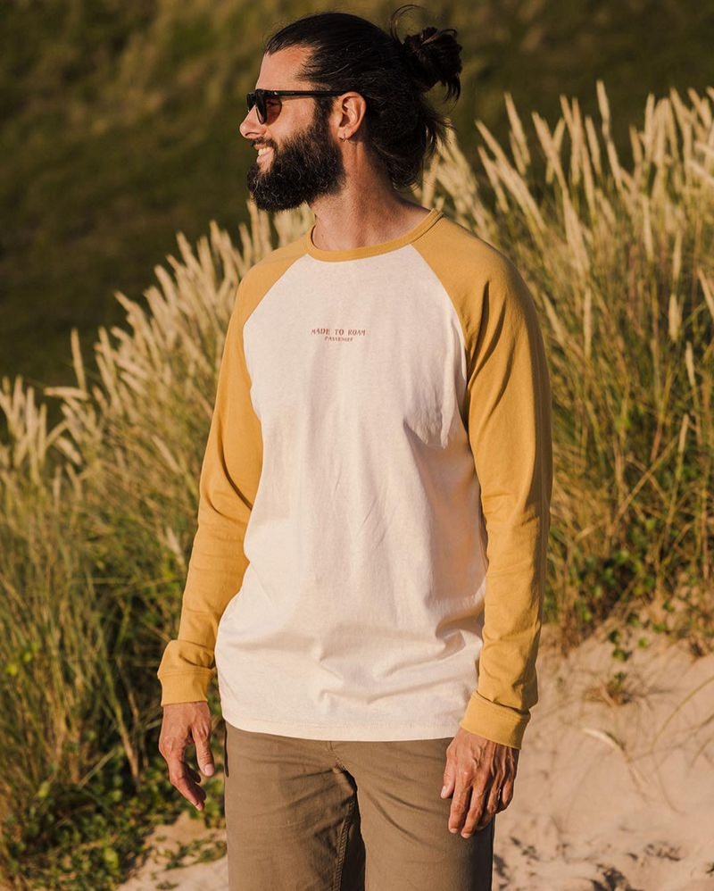 Men's Passenger Sundown Recycled Cotton LS T-Shirt Mustard Gold | US-GAUWLB056