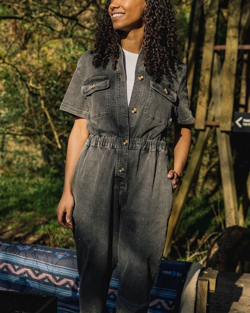 Women's Passenger Bluebell Organic Cotton Jumpsuit Washed Black Denim | US-NCEUVP489