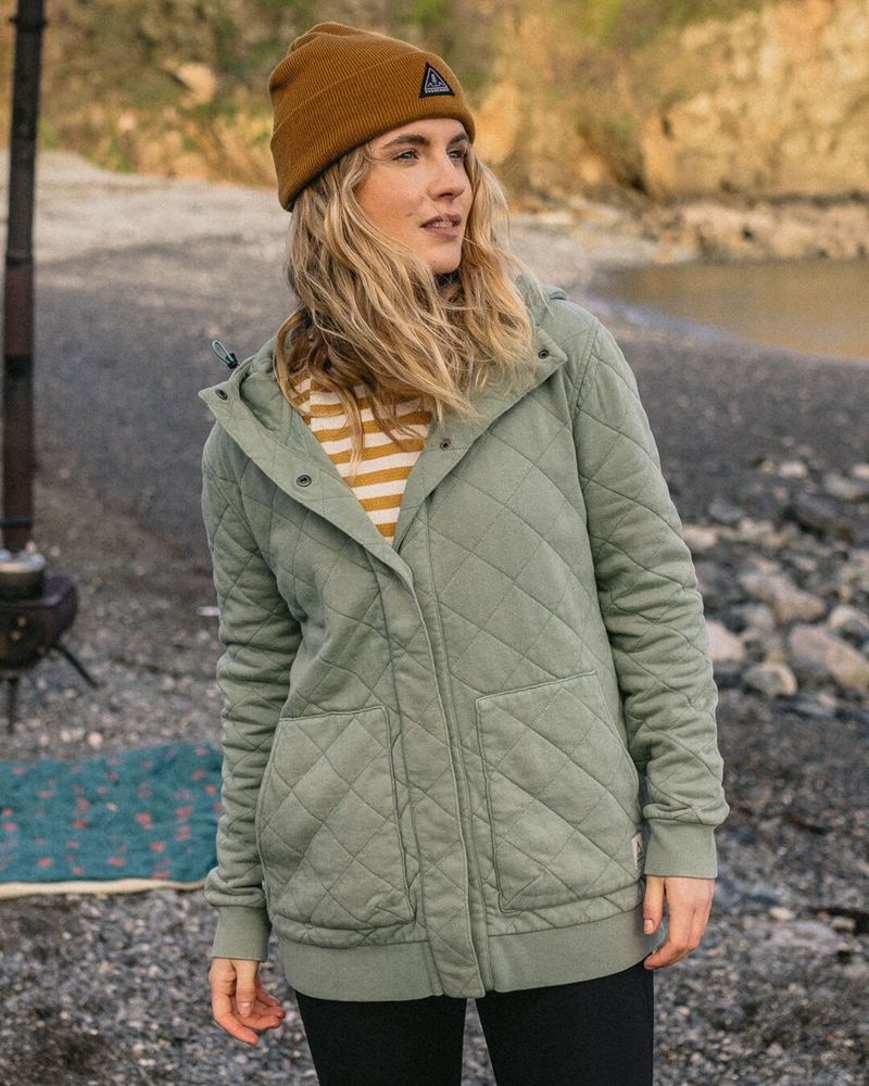 Women's Passenger Clementine Recycled Quilted Popper Up Hoodie green | US-UHSJXL264