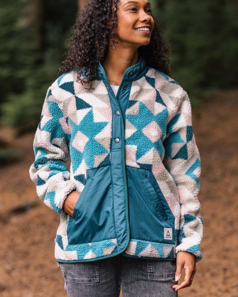 Women's Passenger Clover Recycled Deep-Pile Sherpa Fleece Homespun Blue Sea | US-DQHGNA804