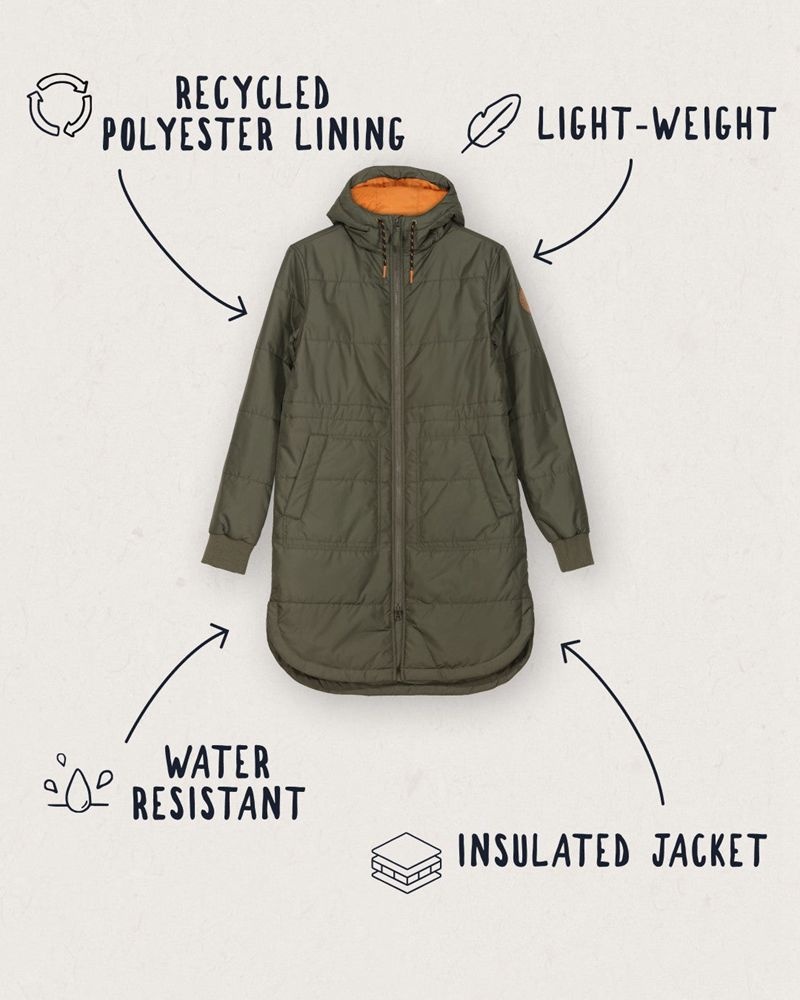 Women's Passenger Flora Long Recycled Insulated Jacket Dusty Olive | US-SMDGXH485