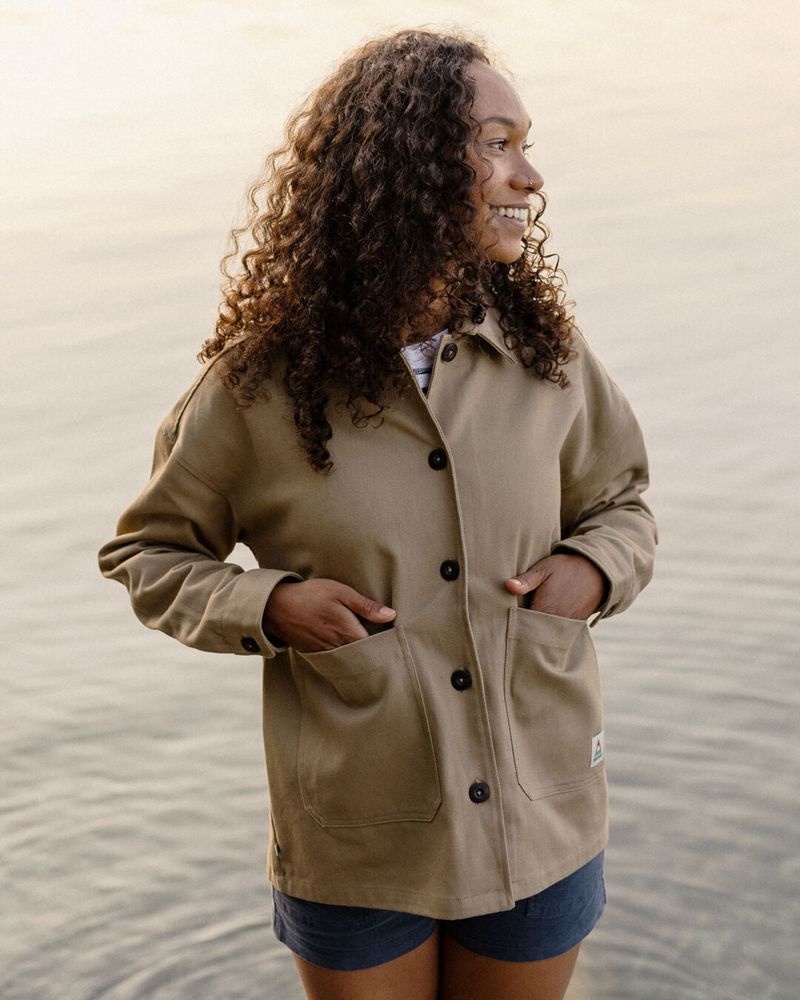 Women's Passenger Forrest Organic Cotton Oversized Twill Overshirt Khaki | US-XTVURM064