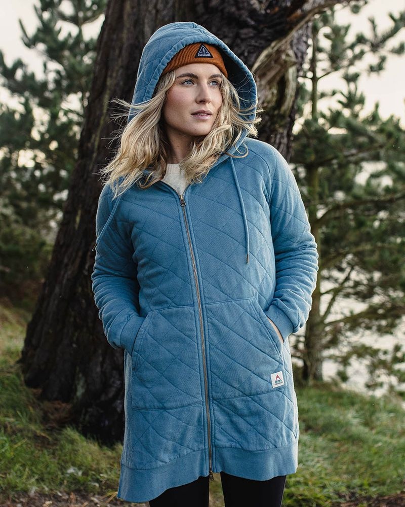 Women's Passenger Getaway Recycled Cotton Quilted Full Zip Hoodie Washed Blue | US-LODVPC768