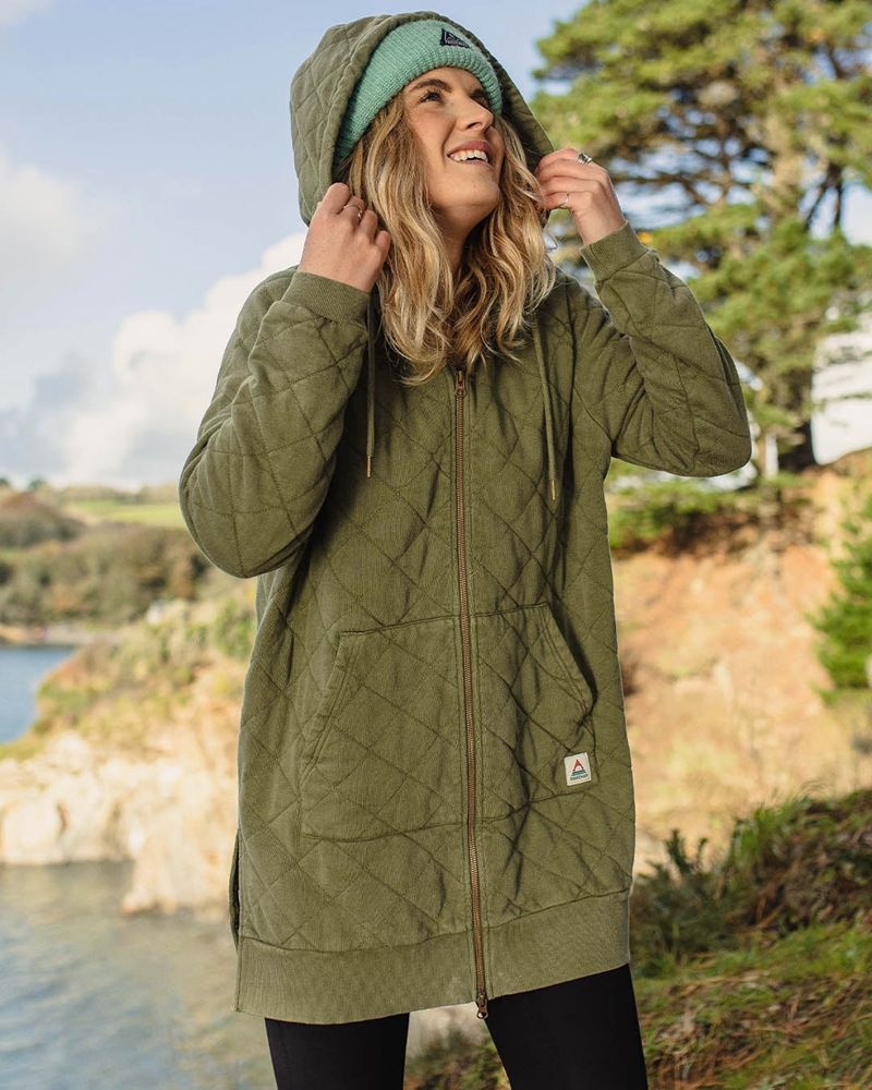 Women's Passenger Getaway Recycled Cotton Quilted Full Zip Hoodie Khaki | US-ANBZSP874