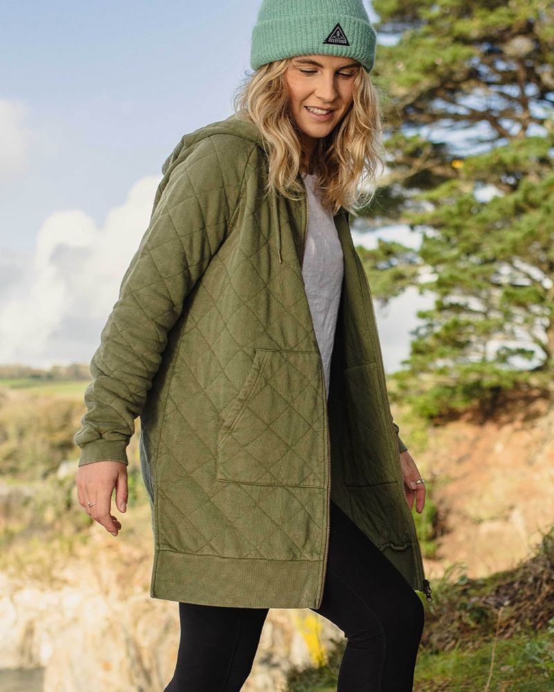 Women's Passenger Getaway Recycled Cotton Quilted Full Zip Hoodie Khaki | US-ANBZSP874