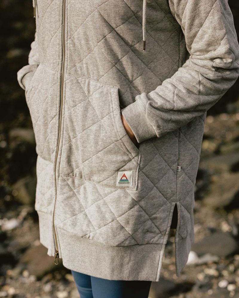 Women's Passenger Getaway Recycled Cotton Quilted Full Zip Hoodie Grey Marl | US-RFVIDU083