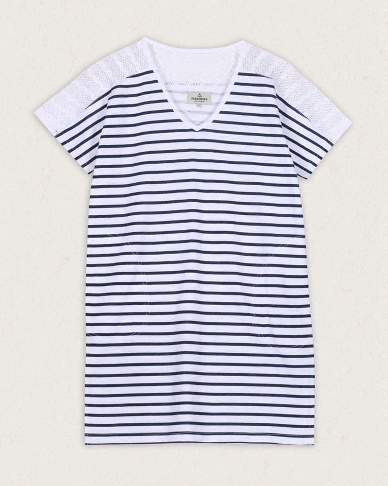 Women's Passenger Olive Oversized Recycled Cotton T-Shirt Dress Navy Stripe | US-OJXESZ164