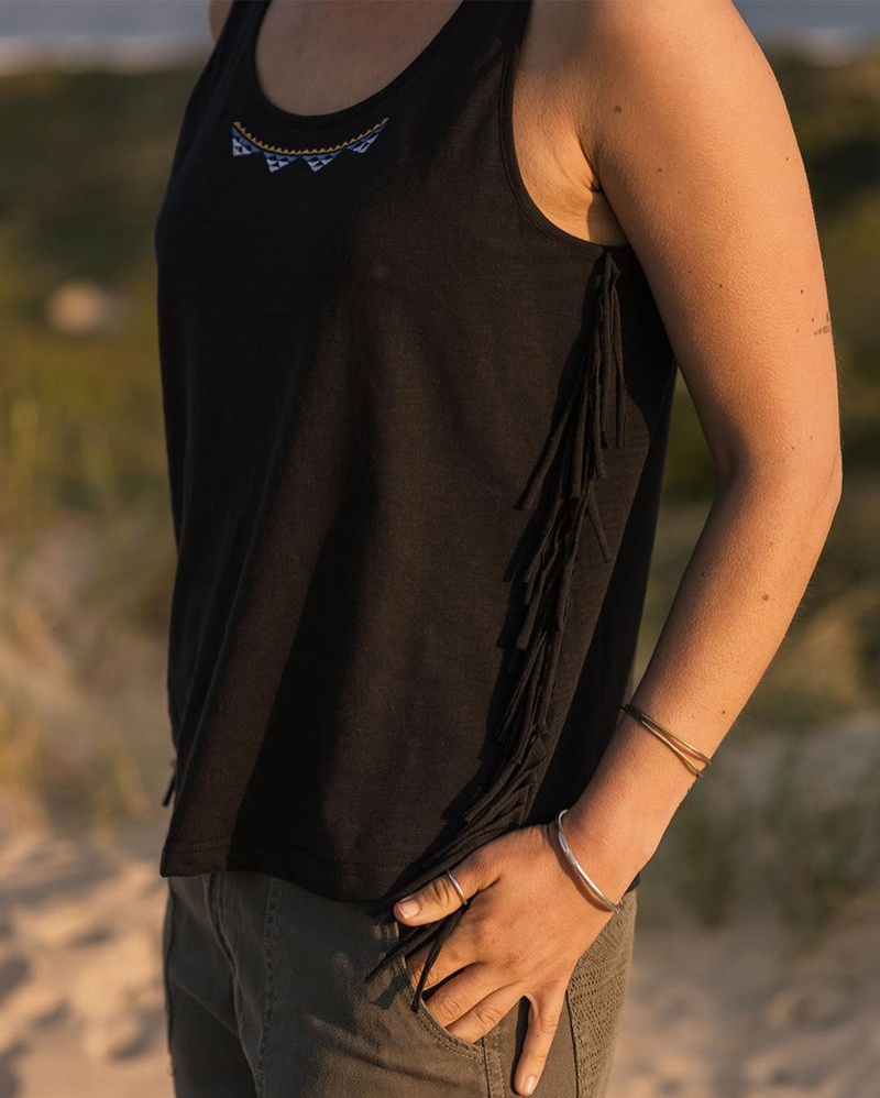 Women's Passenger Poppy Recycled Cotton Tassel Tank Top Black | US-FTUWMV316