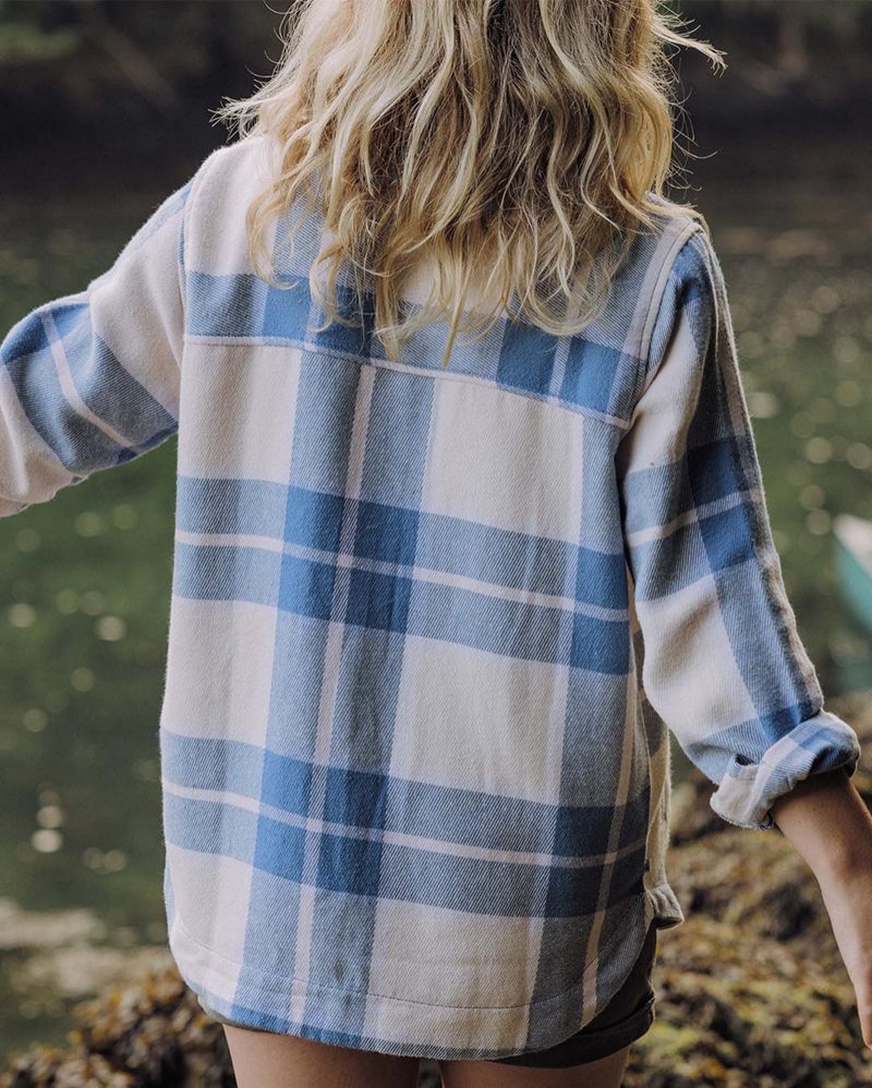 Women's Passenger Stella Organic Cotton LS Shirts Provincial Blue Check | US-LANMSH028